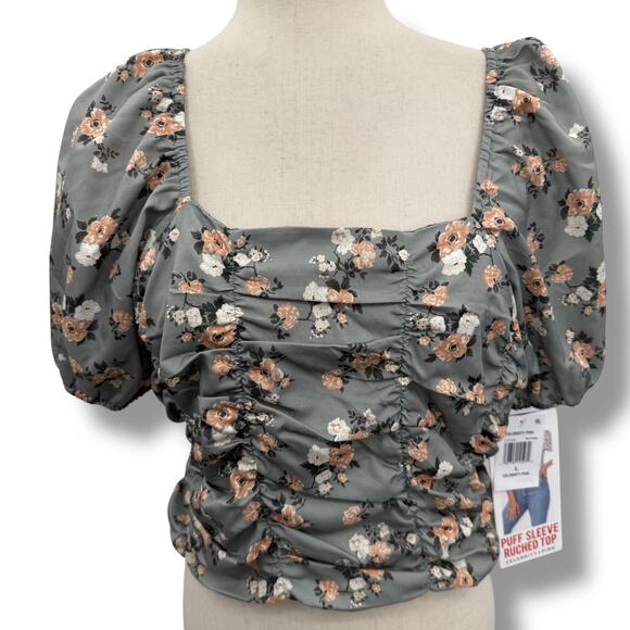 NEW Celebrity Pink Gray Floral Top Size Large Smocked ruched Puff Sleeve Crop - Picture 2 of 11